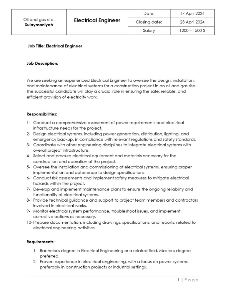Electrical Engineer Job in Sulaymaniyah | PDF | Electrical Engineering ...