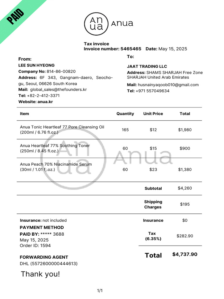 Anua Us Inovice Print PDF | PDF