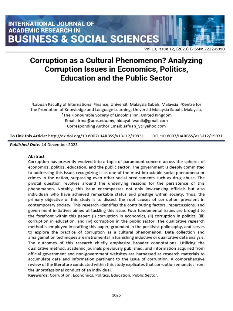 Corruption As A Cultural Phenomenon Analyzing Corruption Issues in