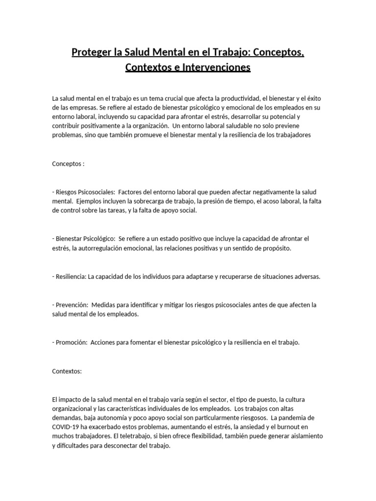 Proteger la Salud Mental en el Trabajo | PDF | Salud mental | Estrés ...
