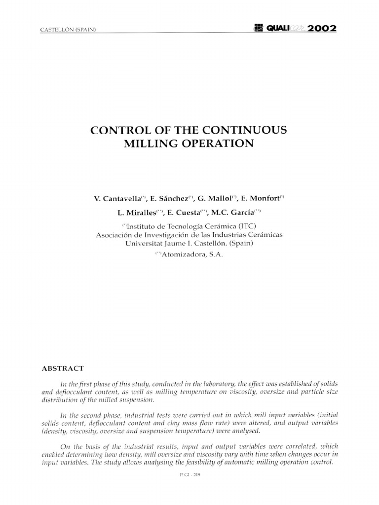 Continuous Milling Operation Control | PDF | Condensed Matter Physics ...