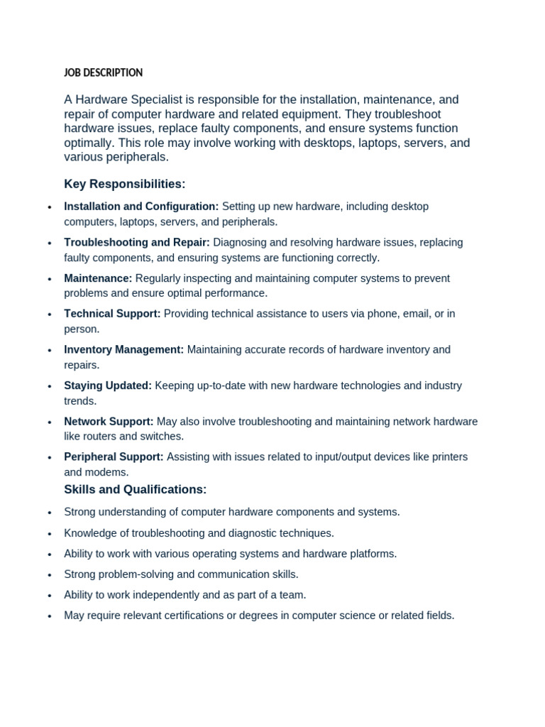 Hardware Specialist Job Description | PDF