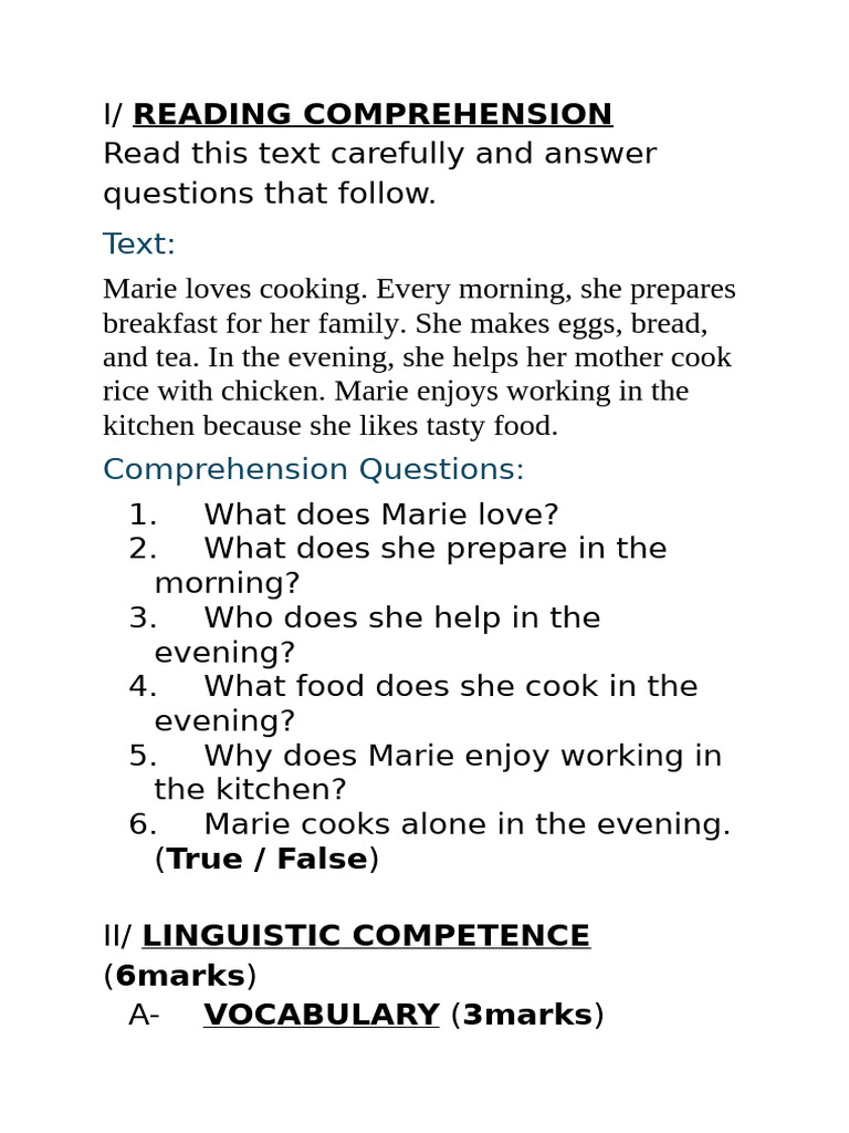 Reading Comprehension and Language Skills | PDF