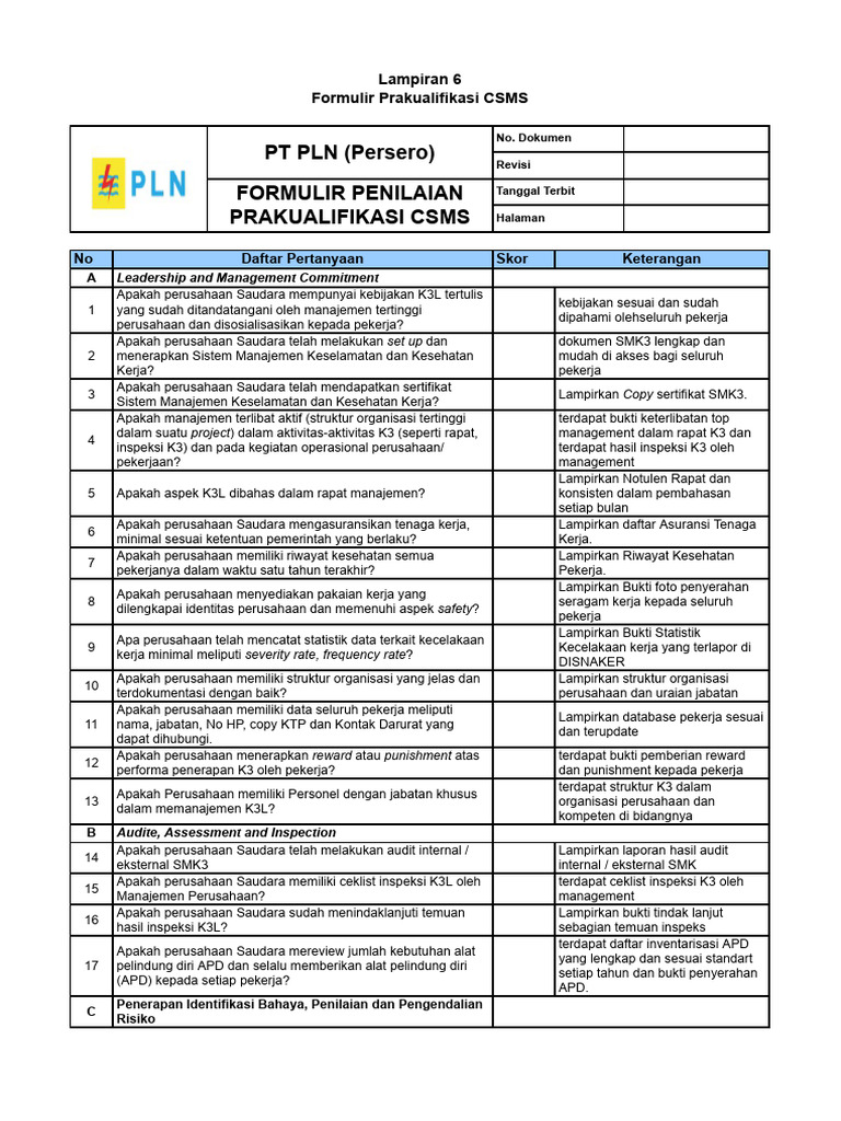 Formulir Prakualifikasi CSMS PLN | PDF