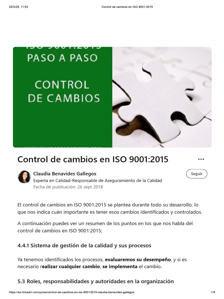 Control de Cambios en ISO 9001:2015 | PDF | Calidad (comercial ...