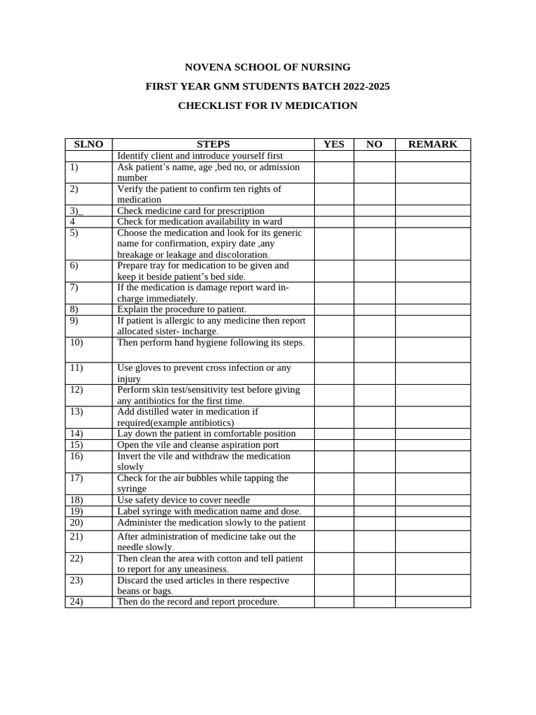 IV Medication Checklist for Nursing Students | PDF