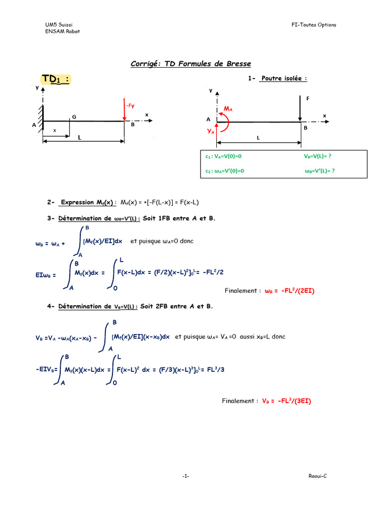 Corrigé TD Formules de Bresse | PDF | Mécanique | Calcul des structures ...