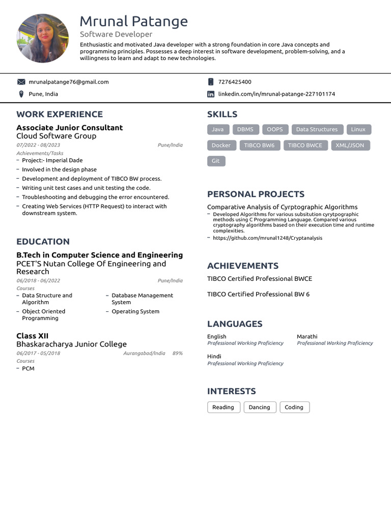 Java Developer Resume - Mrunal Patange | PDF | Computer Programming ...