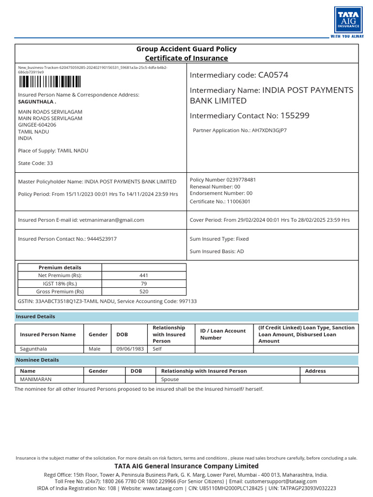 TATA AIG Group Accident Guard Policy | PDF | Insurance | Loans