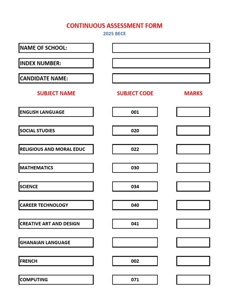 Continuous Assessment Form 2025 BECE | PDF