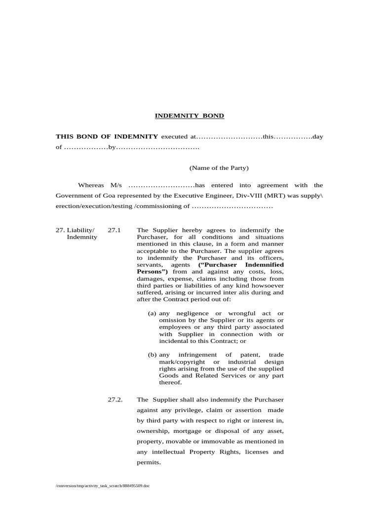 Indemnity Bond and Bank Guarantee Template | PDF | Indemnity | Injunction