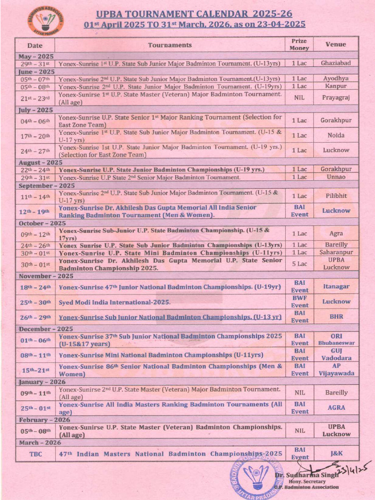 UPBA TOURNAMENT CALENDAR 2025 As | PDF