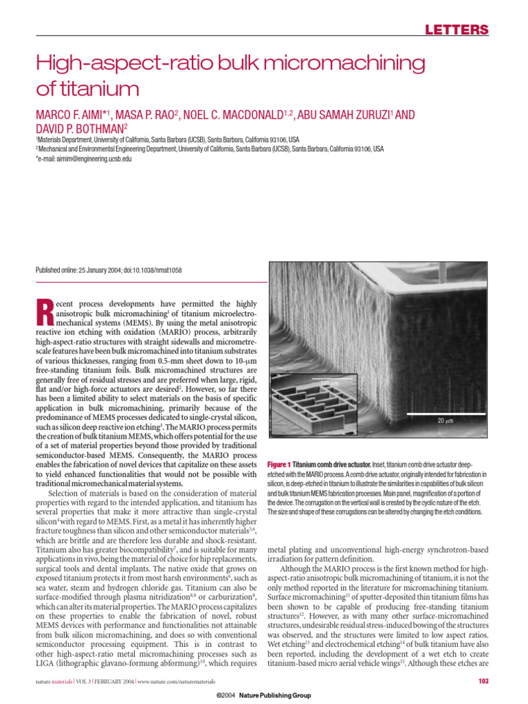 Aim (2004) High-Aspect-ratio Bulk Micromachining of Titanium | PDF ...