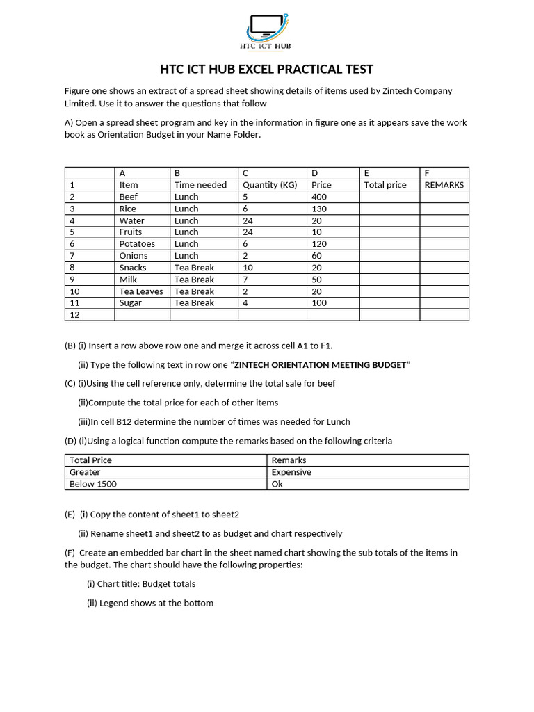 HTC ICT Hub Excel Practical Test Guide | PDF