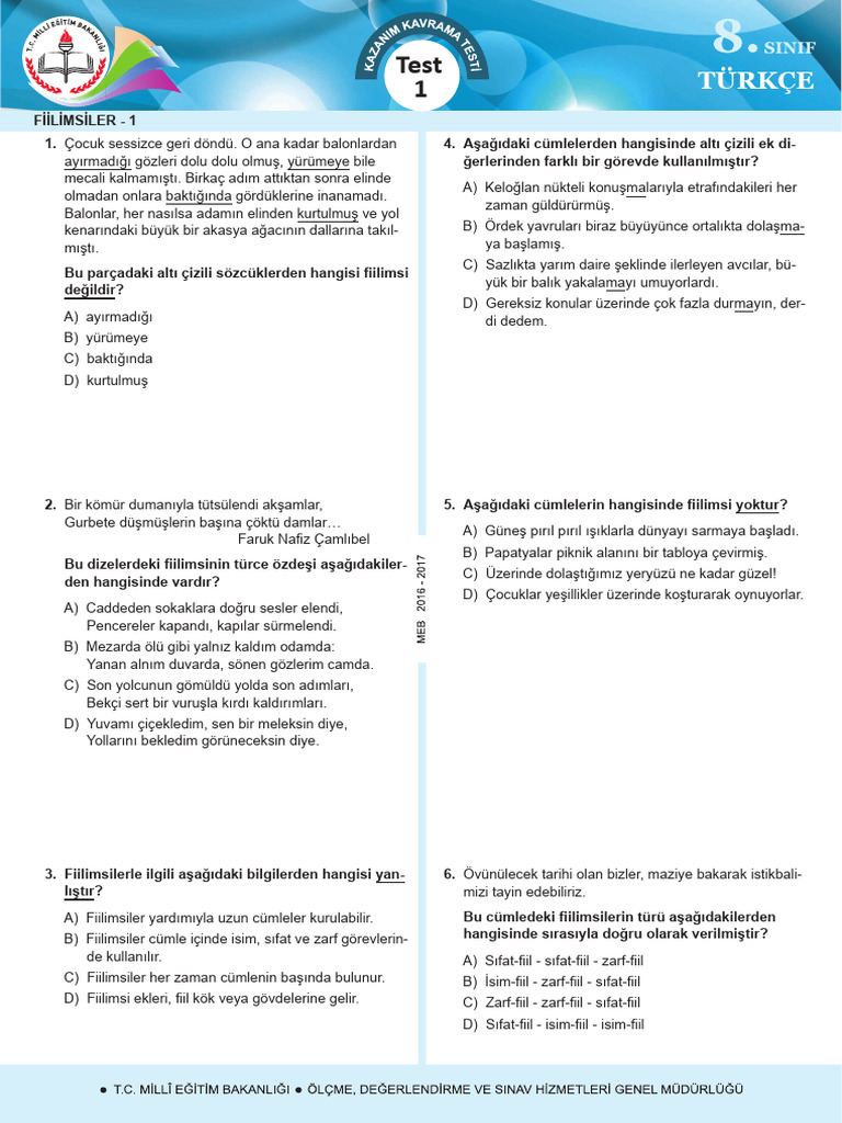 2016 2017 8. SNF Turkce 32 TEST | PDF