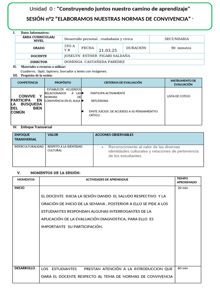 Elaboramos Nuestras Normas de Convivencia 1ero Sec | PDF | Aprendizaje