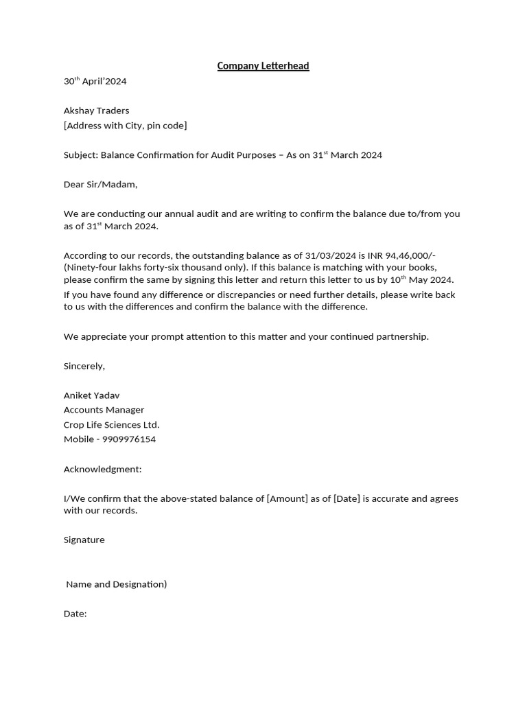 Balance Confirmation Letter Template | PDF