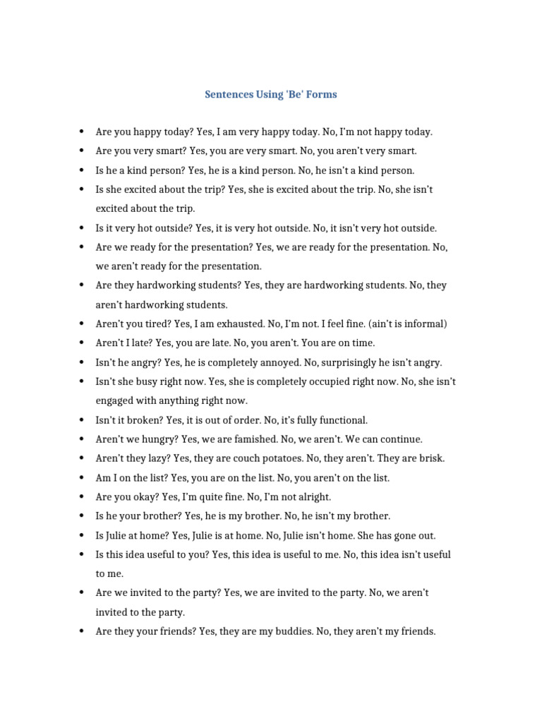 Examples of 'Be' Form Sentences | PDF