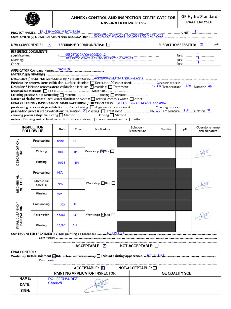 Passivation Process Control Certificate | PDF | Metals | Business Process