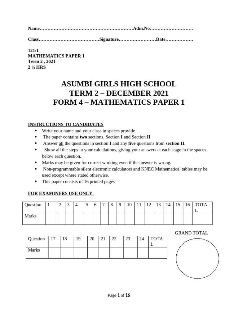 Form 4 Mathematics Paper 1 Exam 2021 | PDF | Area | Volume