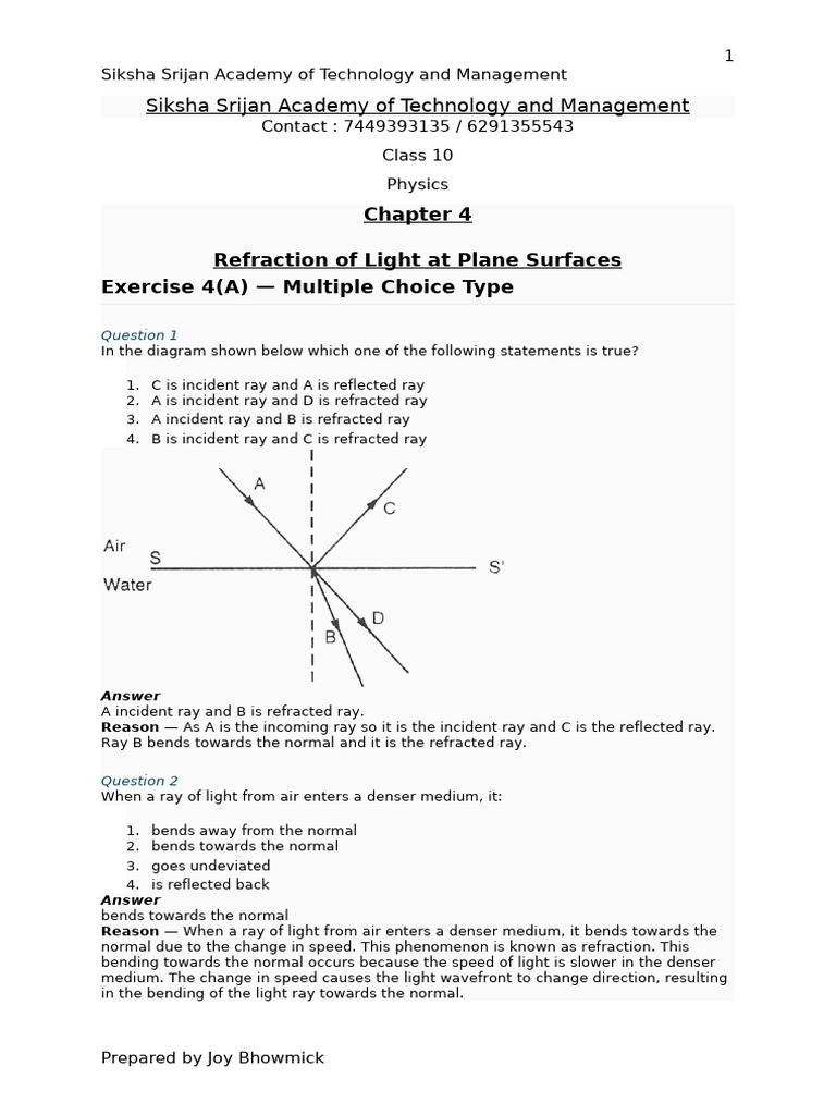 Class 10 Physics: Refraction of Light MCQs | PDF | Refraction ...