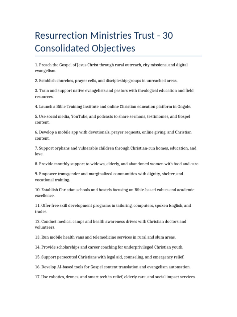 Resurrection Ministries Trust 30 Objectives | PDF | Christian Mission ...