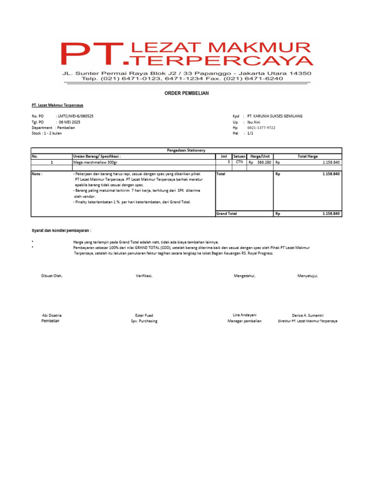 Order Pembelian PT Lezat Makmur | PDF