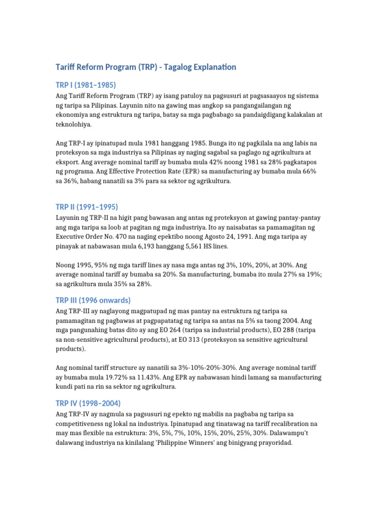Tariff Reform Program Taglish Complete | PDF