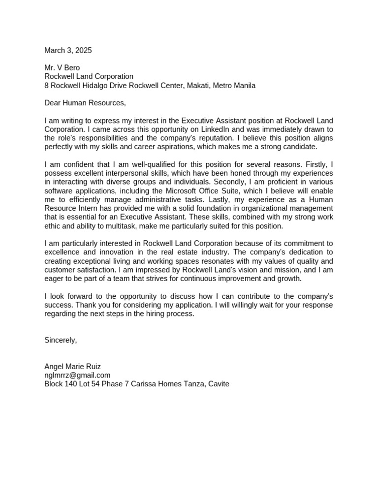 Executive Assistant Application Letter | PDF