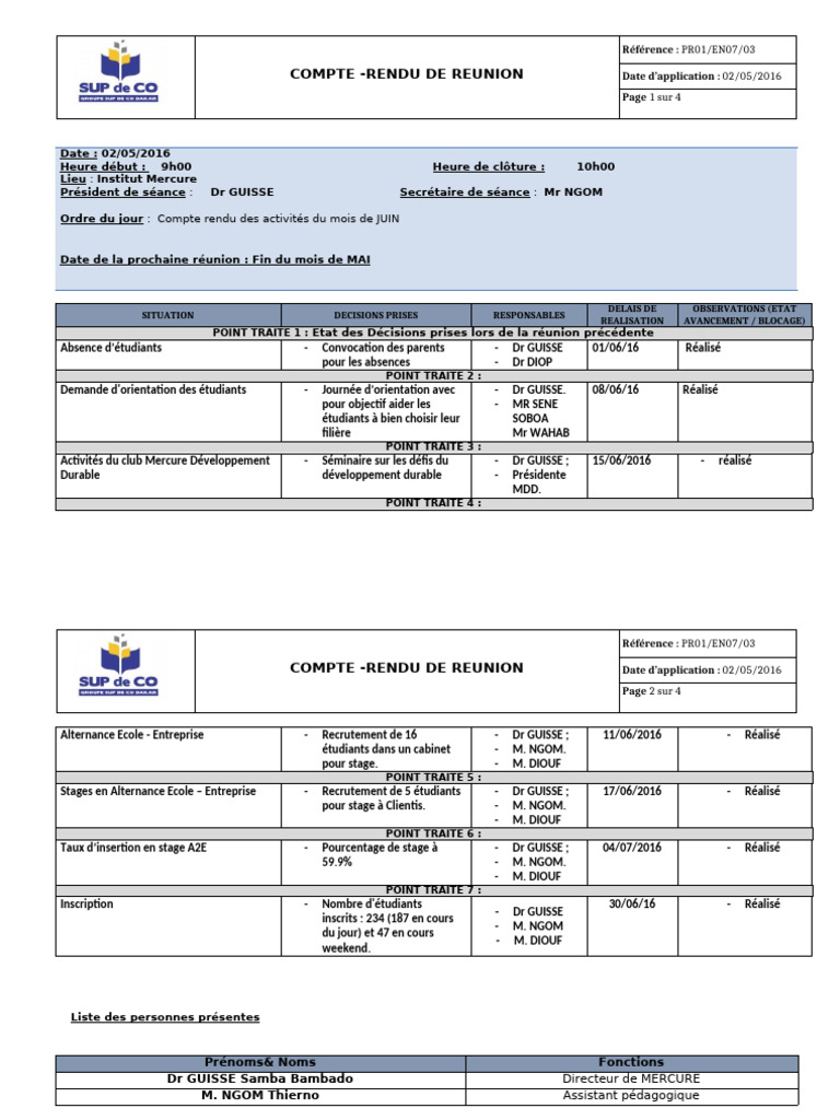 Compte Rendu Réunion Institut Mercure | PDF