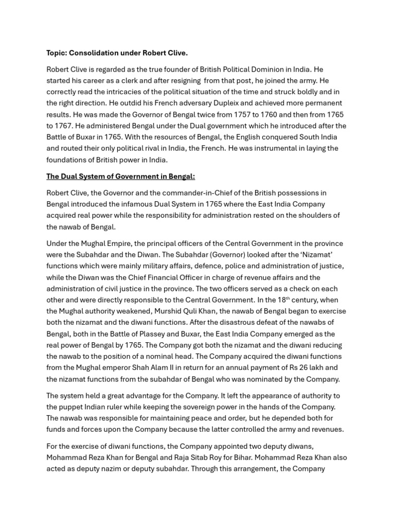 Robert Clive and the Dual System in Bengal | PDF
