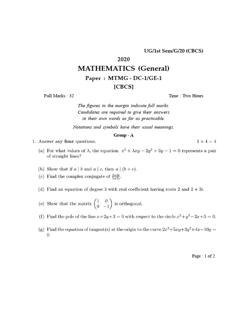 MATH DC-1GE-1 - UGB - 1st Sem - 2020 - TK | PDF