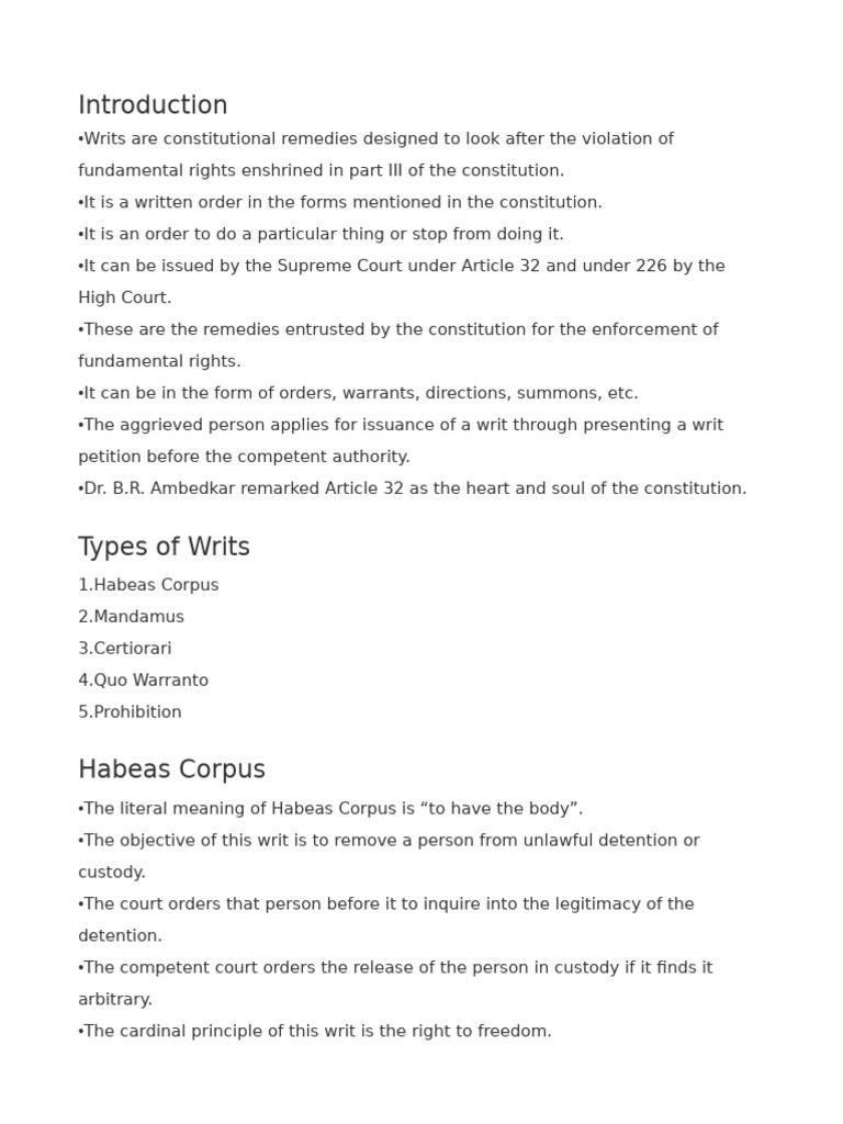 Types of Writs Explained | PDF | Habeas Corpus | Writ