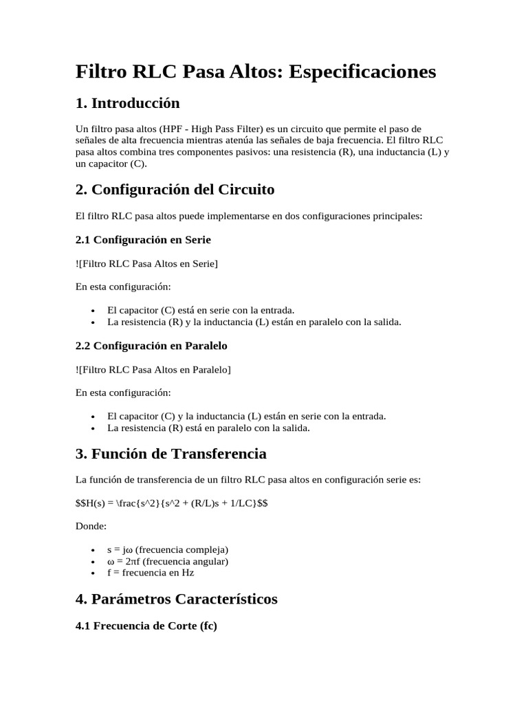 Especificaciones del Filtro RLC Pasa Altos | PDF | Filtro electronico ...