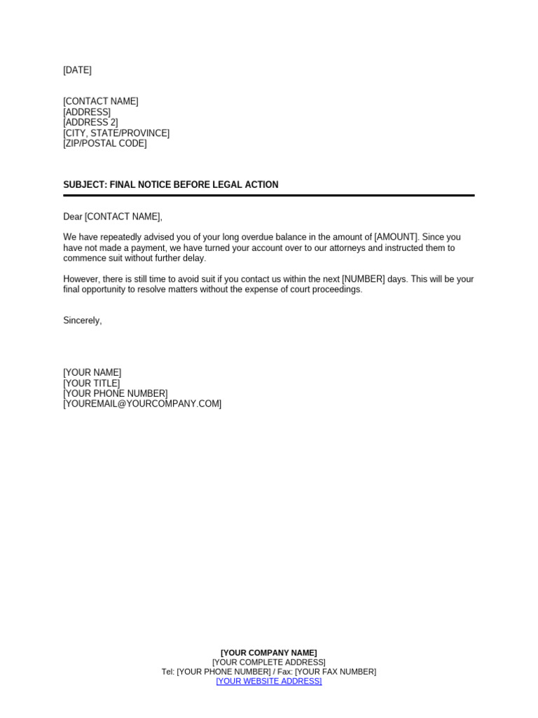 Final Notice Before Legal Action D1030 | PDF