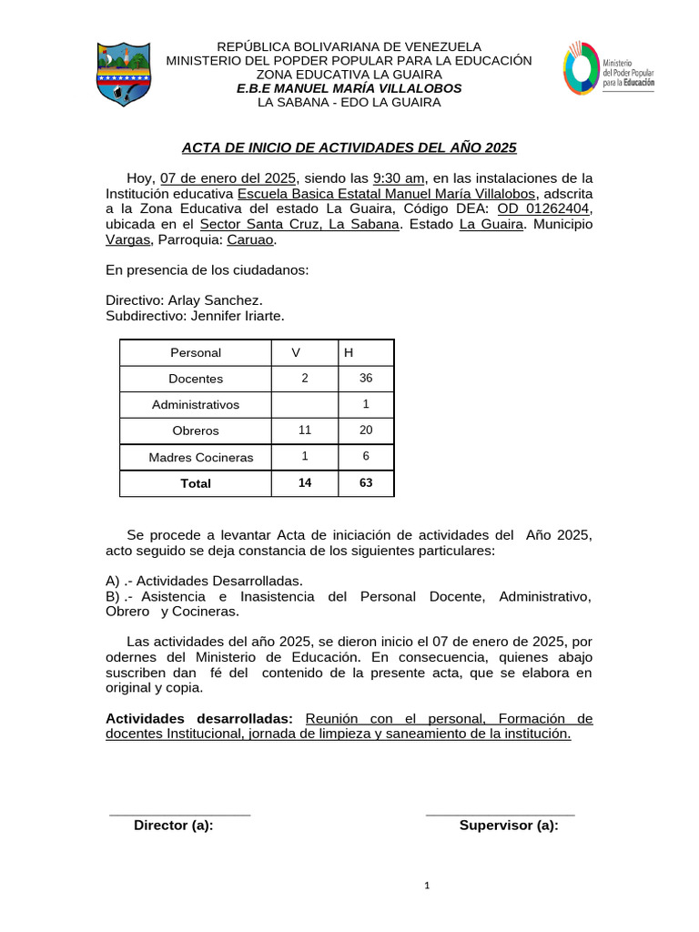 Acta de Inicio de Actividades 2025 | PDF