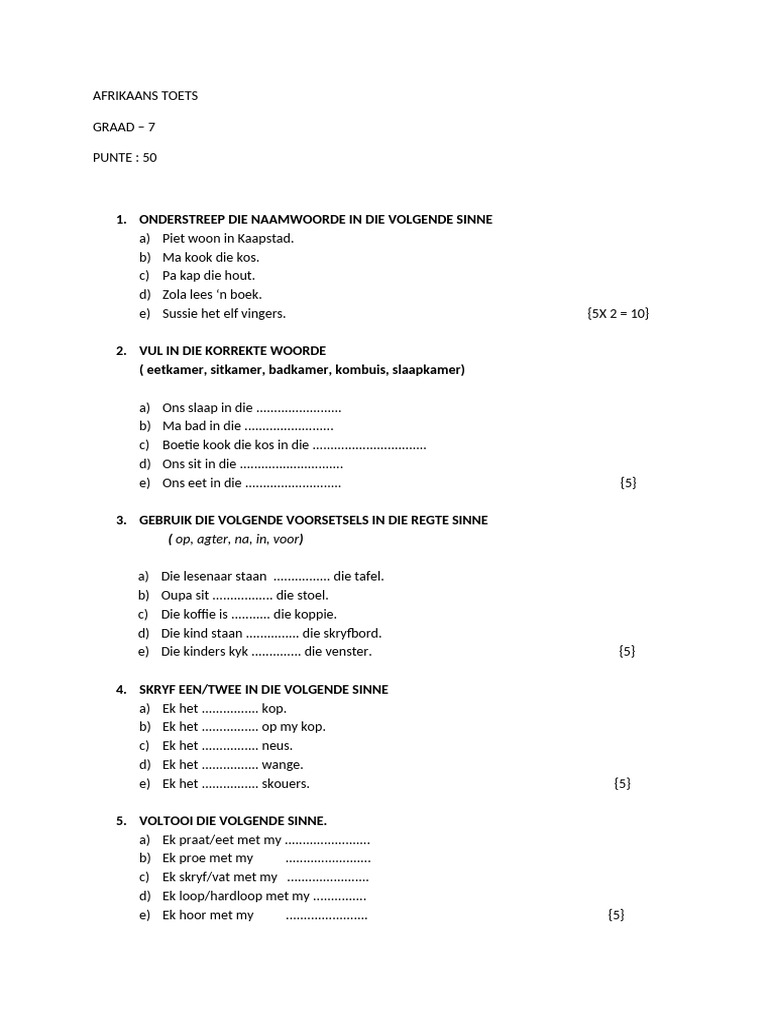 AFRIKAANS TOETS Gr7 | PDF