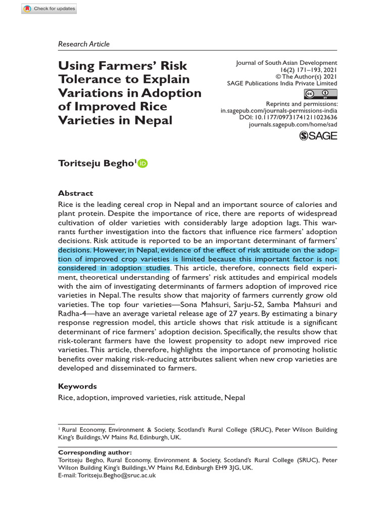 Farmers' Risk Tolerance and Rice Adoption | PDF | Rice | Risk