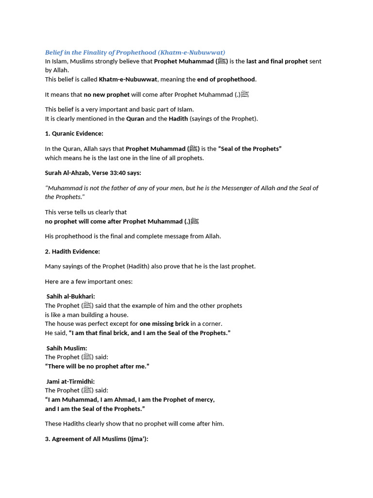 Finality of Prophethood in Islam | PDF | Prophets And Messengers In ...