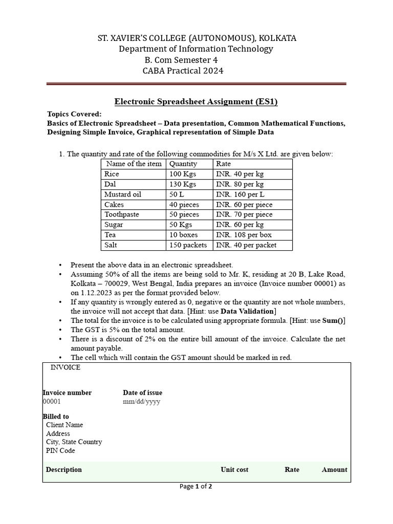 Electronic Spreadsheet Assignment Guide | PDF | Spreadsheet | Invoice