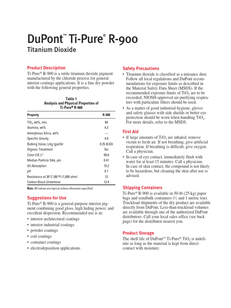 Ti-Pure R-900 Titanium Dioxide Overview | PDF | Titanium Dioxide ...