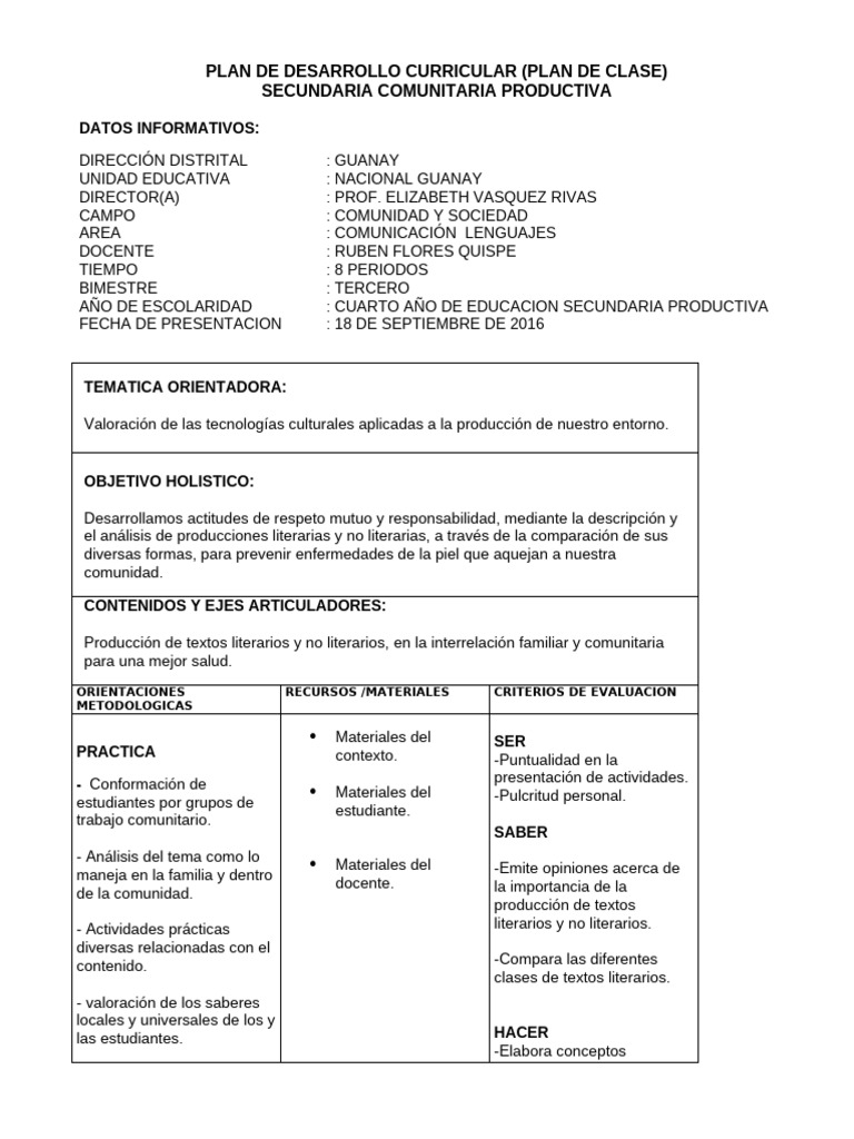 PLAN DE DESARROLLO CURRICULAR Texto Lit 4to | PDF