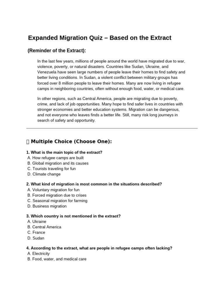 Global Migration Causes and Effects Quiz | PDF | Human Migration ...