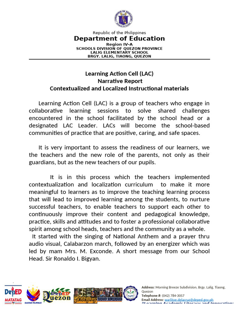 Lalig Elementary School LAC Report | PDF | Teachers | Cognition