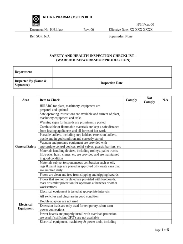 Kotra Pharma - HSE Inspection Checklist (Warehouse, Workshop ...
