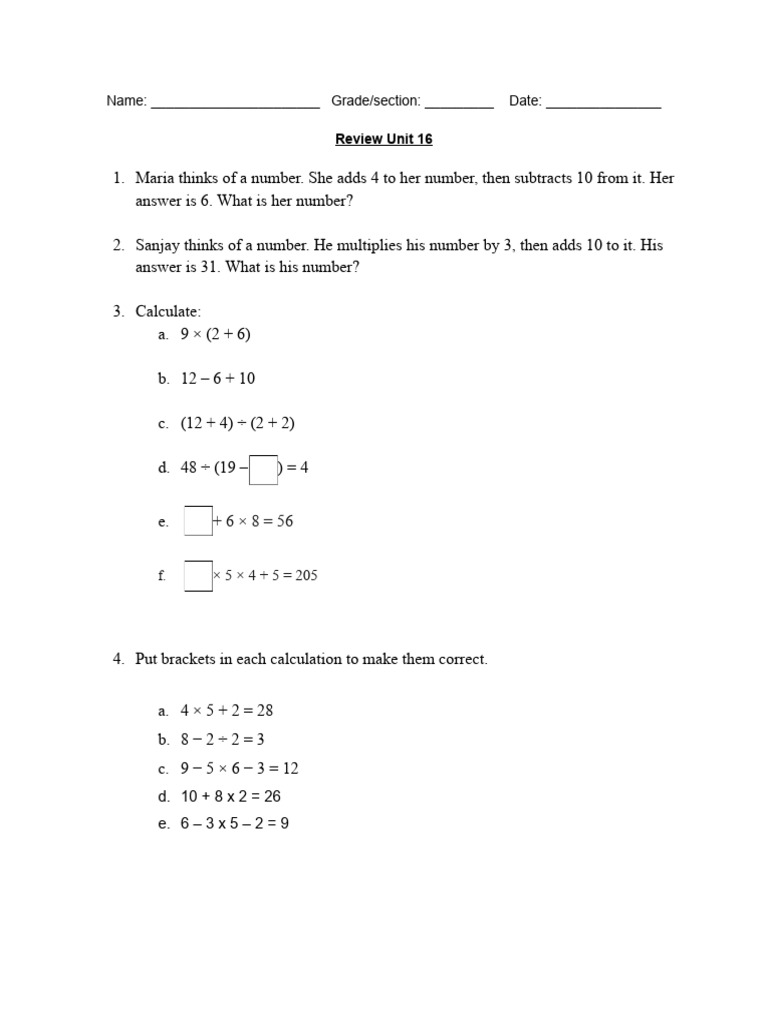 Grade 6 Review Sheet Unit 16 For Exam Pdf