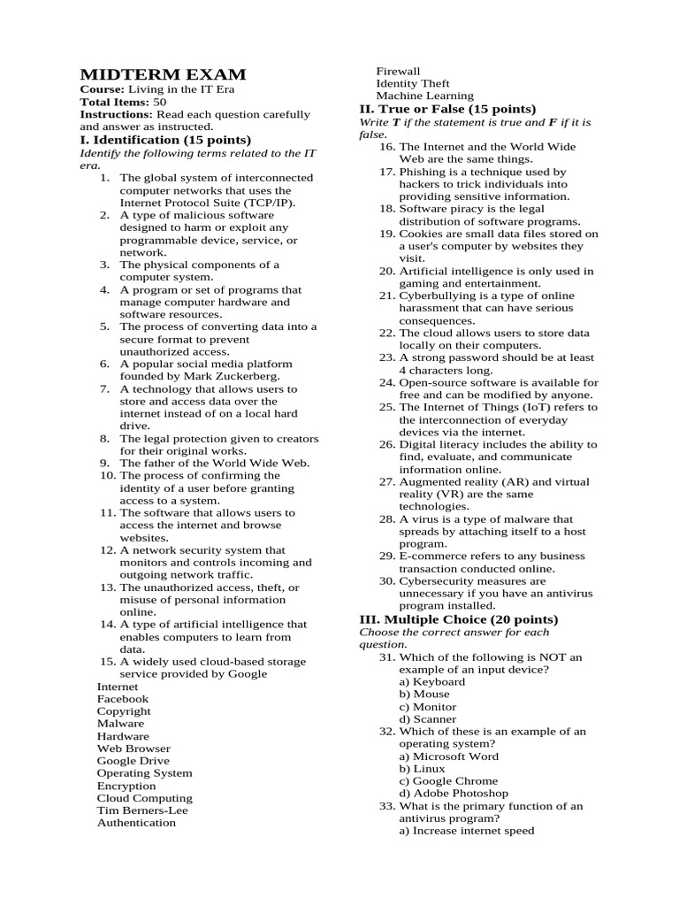 IT Era Midterm Exam Questions | PDF | Computer Network | World Wide Web