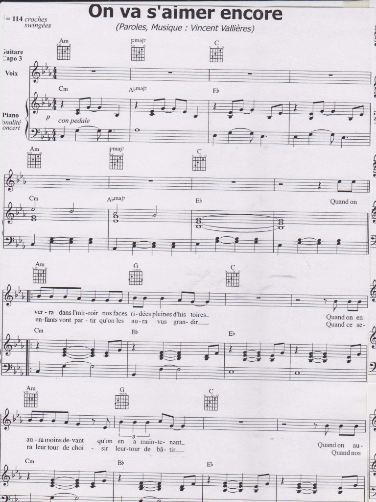 Hier Encore Paroles Accords partition guitare on va s'aimer