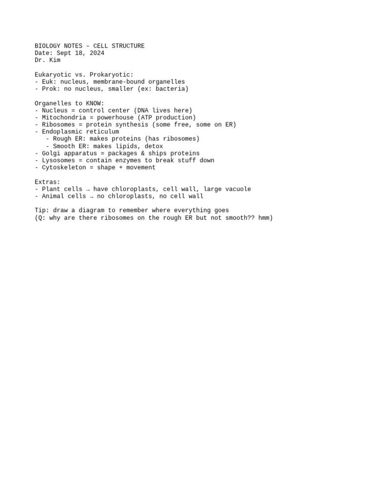 Biology Notes Cell Structure Pdf