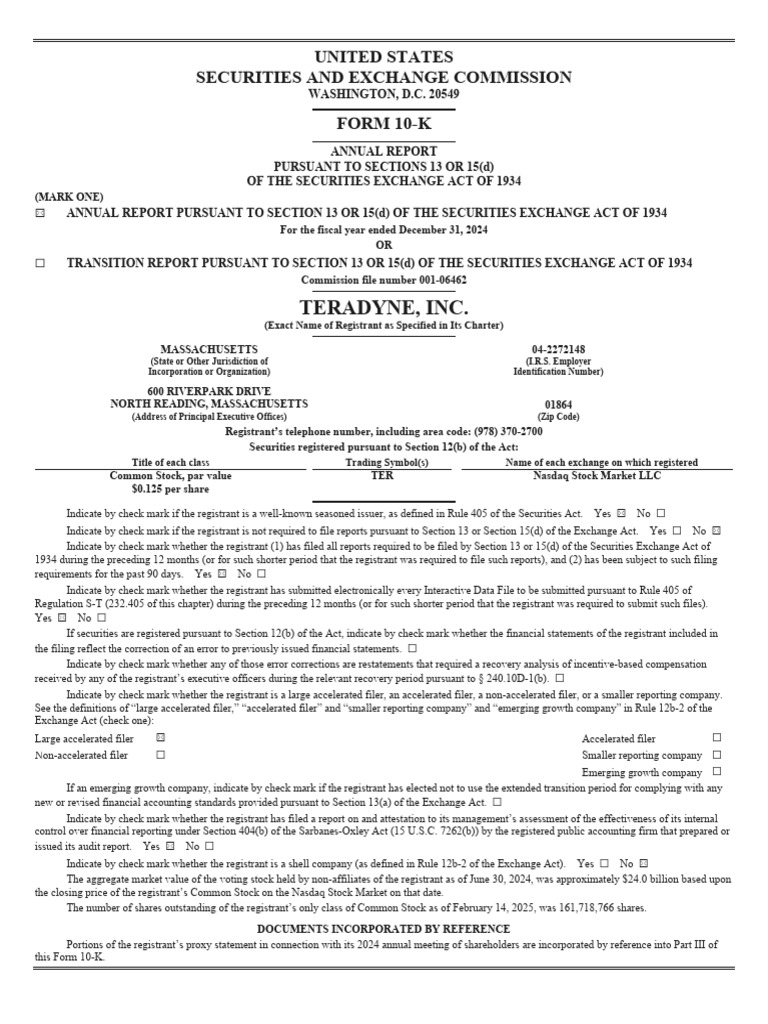 2024 Teradyne 10-K | PDF | Form 10 K | Occupational Safety And Health